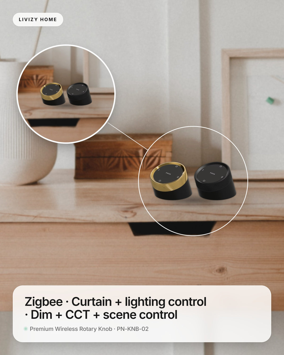 Premium Wireless Rotary Knob · PN-KNB-02 – shown in a home