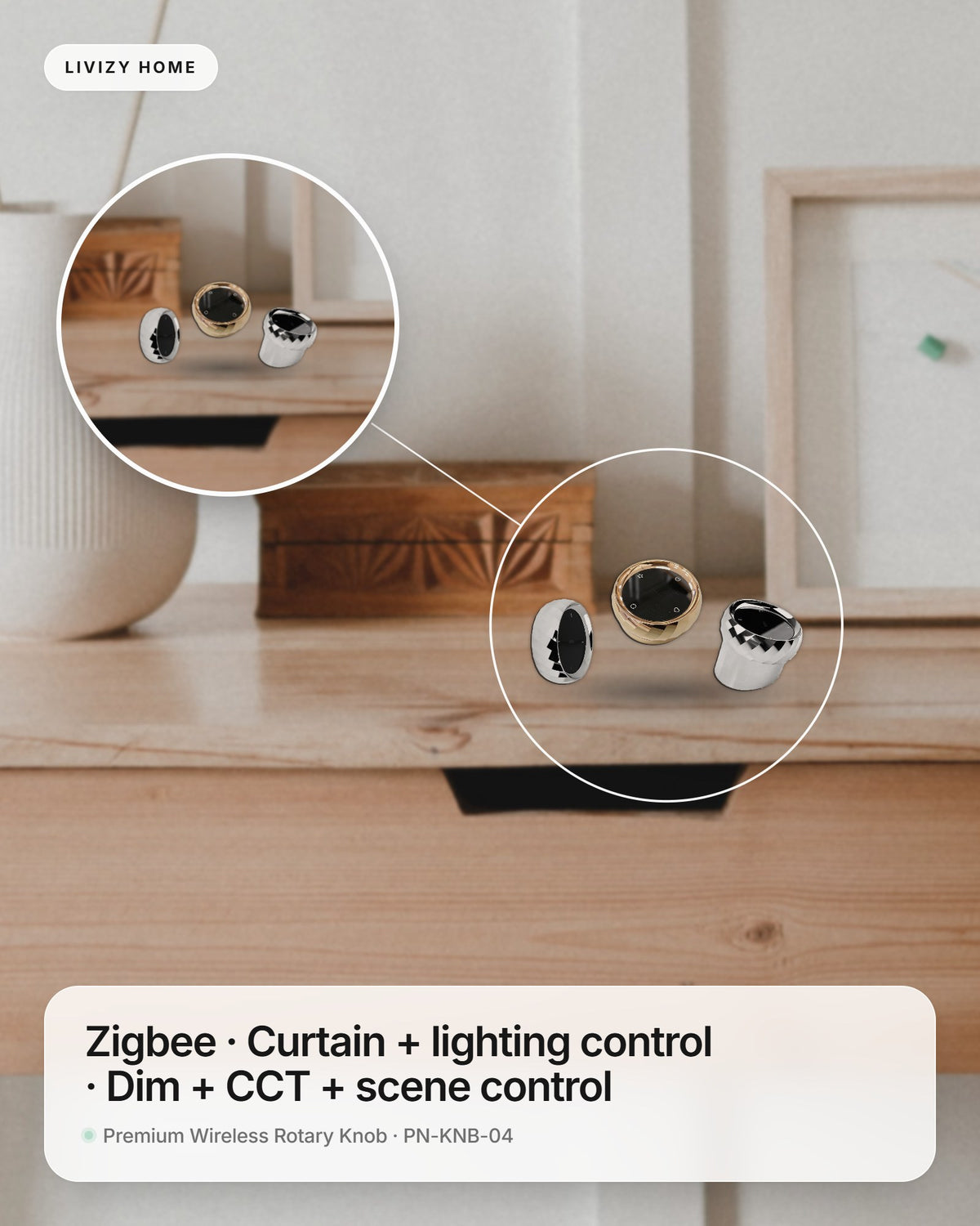 Premium Wireless Rotary Knob · PN-KNB-04 – shown in a home